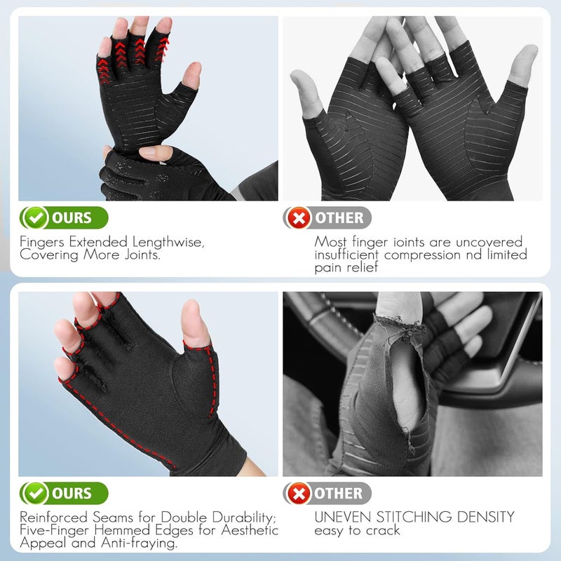 Donfri Copper Arthritis Compression Gloves for Hand Swelling - Fingerless Computer Typing Gloves (Black, M) - Image 4