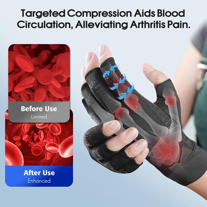 Donfri Copper Arthritis Compression Gloves for Hand Swelling - Fingerless Computer Typing Gloves (Black, M) - Image 2
