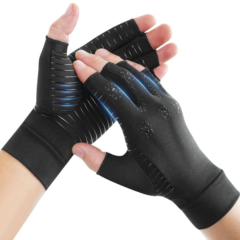 Donfri Copper Arthritis Compression Gloves for Hand Swelling - Fingerless Computer Typing Gloves (Black, M) - Image 1