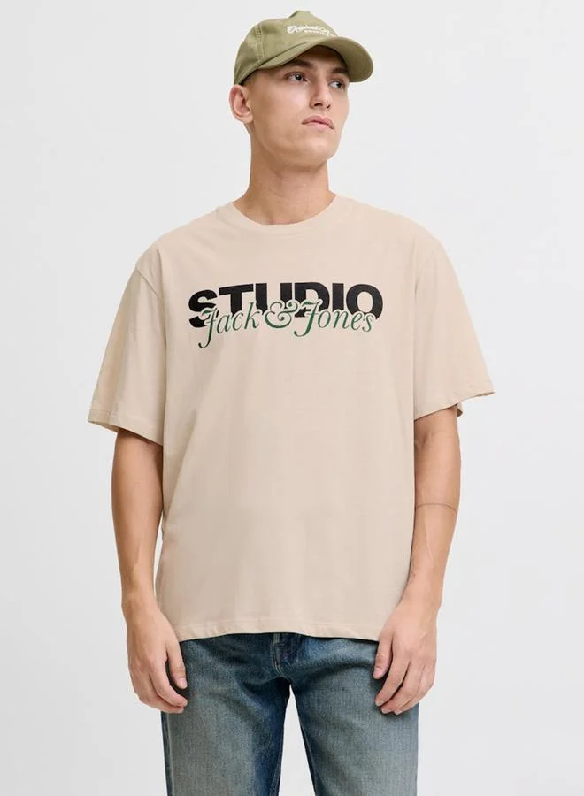 JACK & JONES Beige Relaxed Fit Text Print T-Shirt