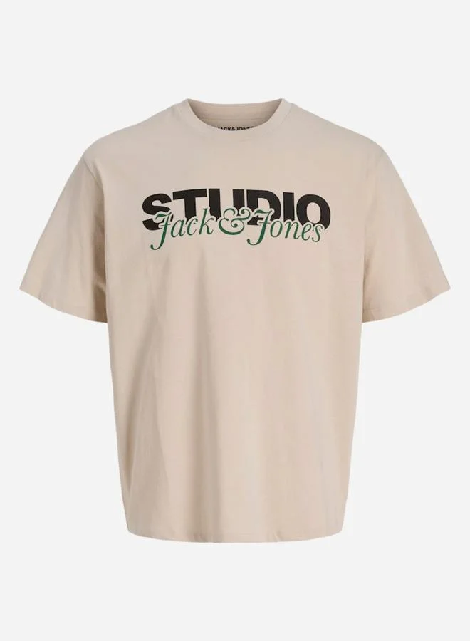 JACK & JONES Beige Relaxed Fit Text Print T-Shirt