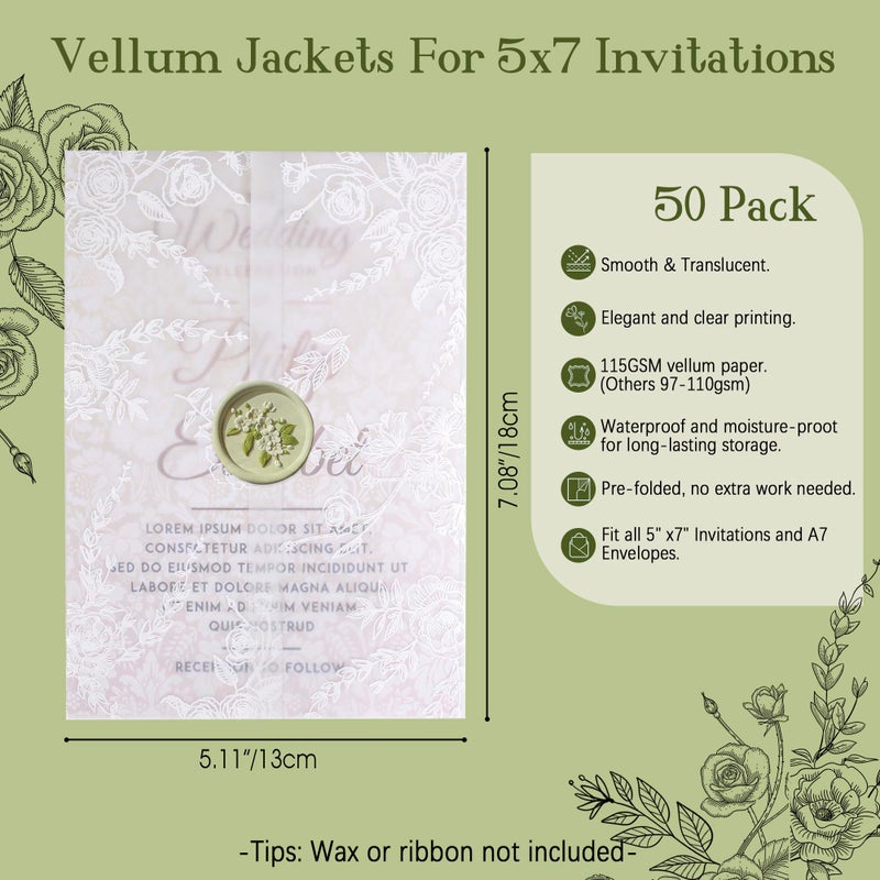 ABIDISO 50 Pack Pre-Folded Vellum Jackets for 5x7 Invitations, 115GSM Translucent Vellum Paper 5x7, Elegant Wedding Invitation Accessories (White Flower) - Image 2