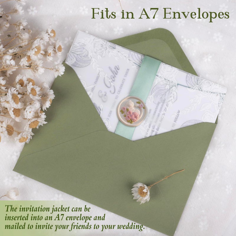 ABIDISO 50 Pack Pre-Folded Vellum Jackets for 5x7 Invitations, 115GSM Translucent Vellum Paper 5x7, Elegant Wedding Invitation Accessories (White Flower) - Image 4
