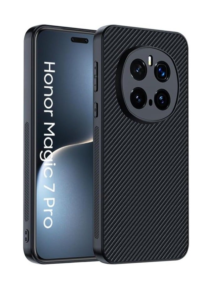غطاء متوافق مع هاتف Honor Magic 7 Pro، مزين بنسيج كربون فايبر، مصنوع من جلد خالص، حامي طرفي لين من البلاستيك خفيف الوزن يقاوم السقوط ويوفر حماية مضادة للصدمات