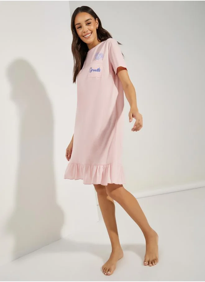 Styli Slogan & Floral Print Pocket Ruffle Hem Sleep T-Shirt Dress