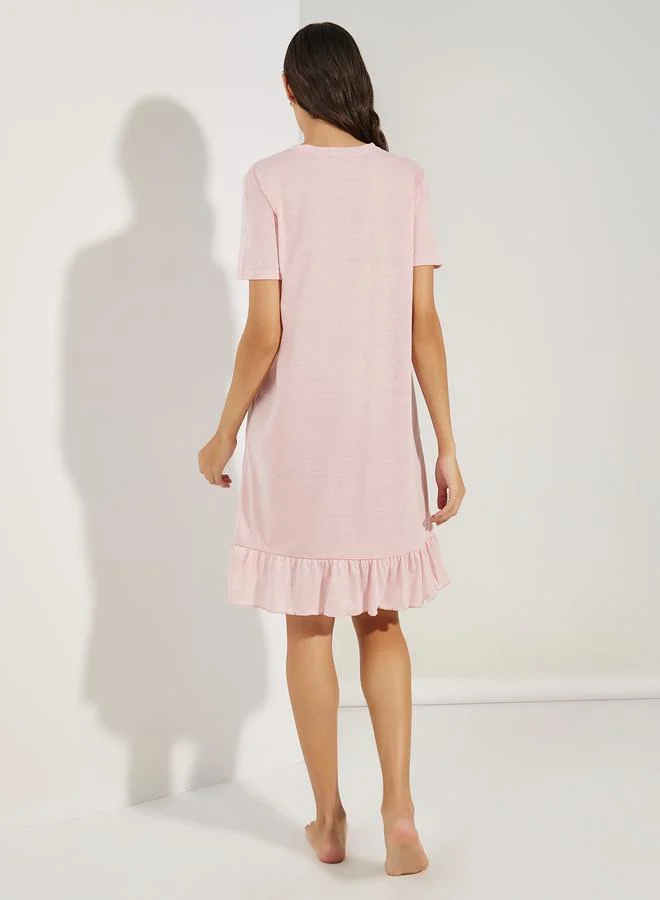 Styli Slogan & Floral Print Pocket Ruffle Hem Sleep T-Shirt Dress