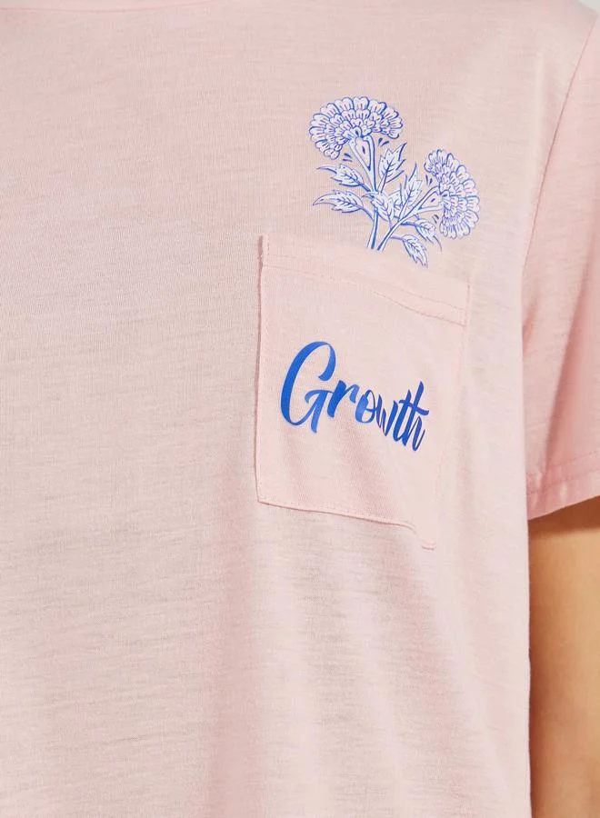 Styli Slogan & Floral Print Pocket Ruffle Hem Sleep T-Shirt Dress