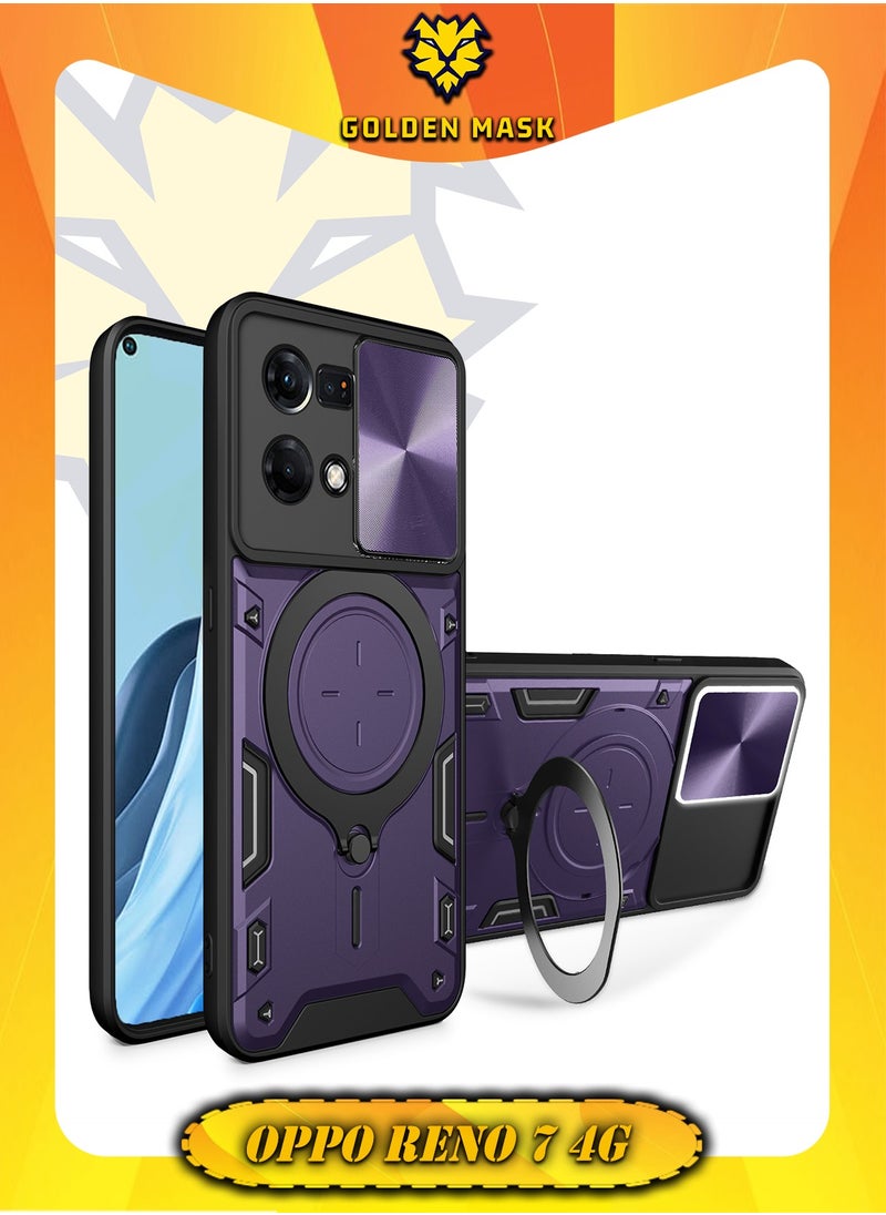 جولدن ماسك جولدن ماسك لهاتف اوبو 7 4جى (Oppo Reno 7 4G) جراب حماية مع باب جرار لحماية عدسة  الكاميرا المدرعة مدمج بزاوية 360 درجة - (بنفسجى) 
