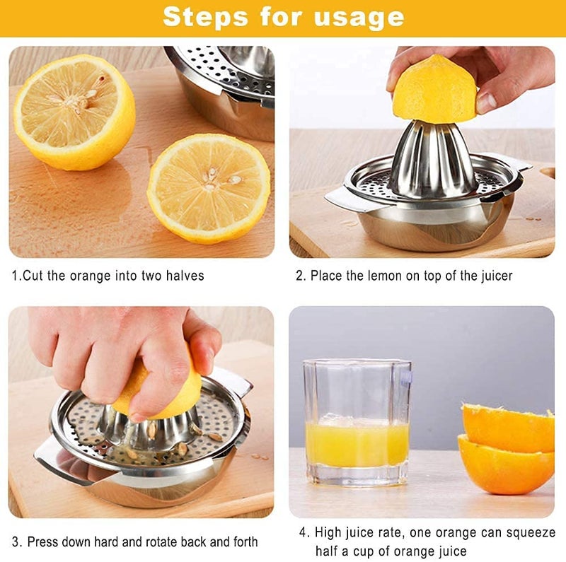 NOHUNT Stainless Steel Hand Juicer Citrus Squeezer for Orange, Lemon, Grapefruit - Manual 304 Steel Reamer with Strainer & 12 OZ Bowl, 2 Pour Spouts, Dishwasher Safe, Easy Clean, Heavy Duty BIG SIZE - Image 3