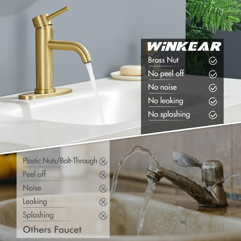 WINKEAR Gold Bathroom Faucet, WINKEAR Single Hole Bathroom Faucet with Pop-up Drain and Flexible Hoses, Single Handle for Sink, Vanity, RV, Modern Farmhouse, Suitable for 1 Hole or 3 Hole - Image 5