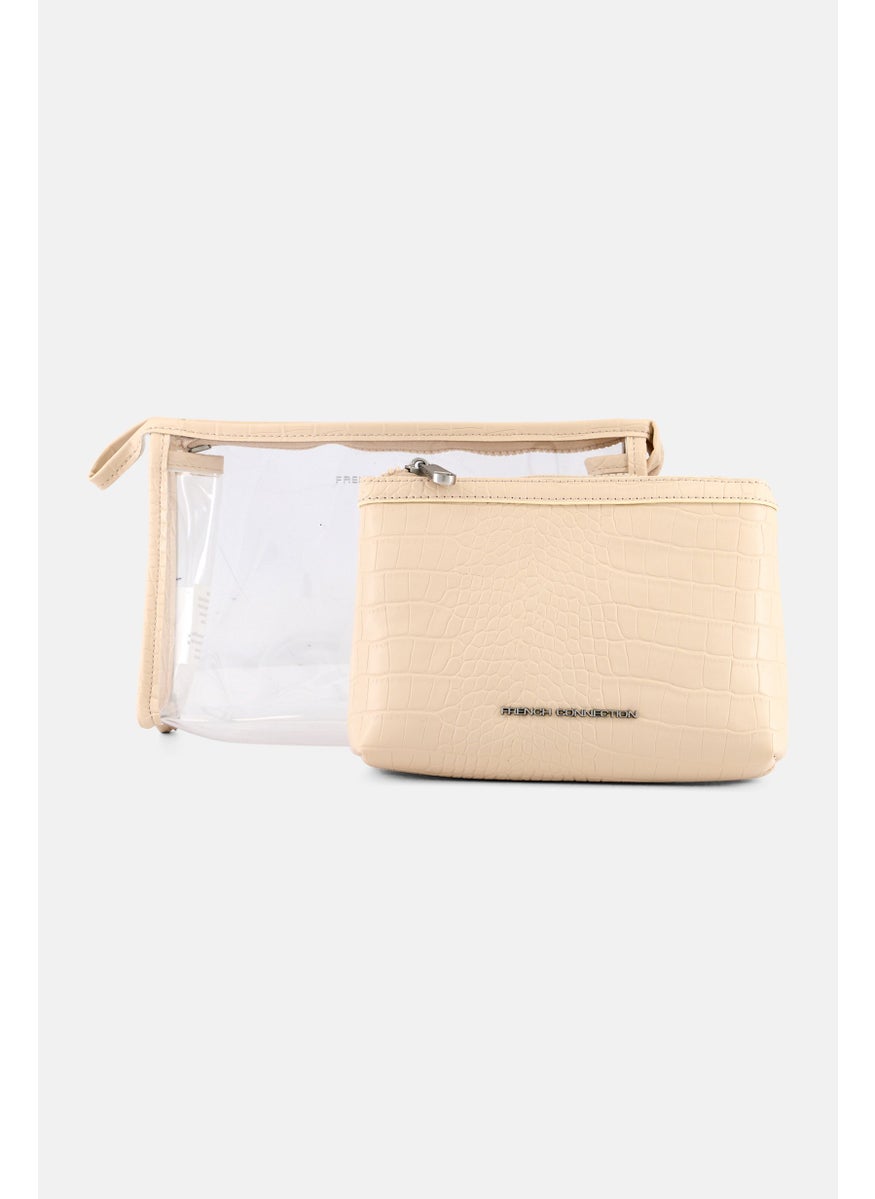 French Connection Women Brand Logo 2 In 1 Cosmetic Bag, Cream  - Image 3