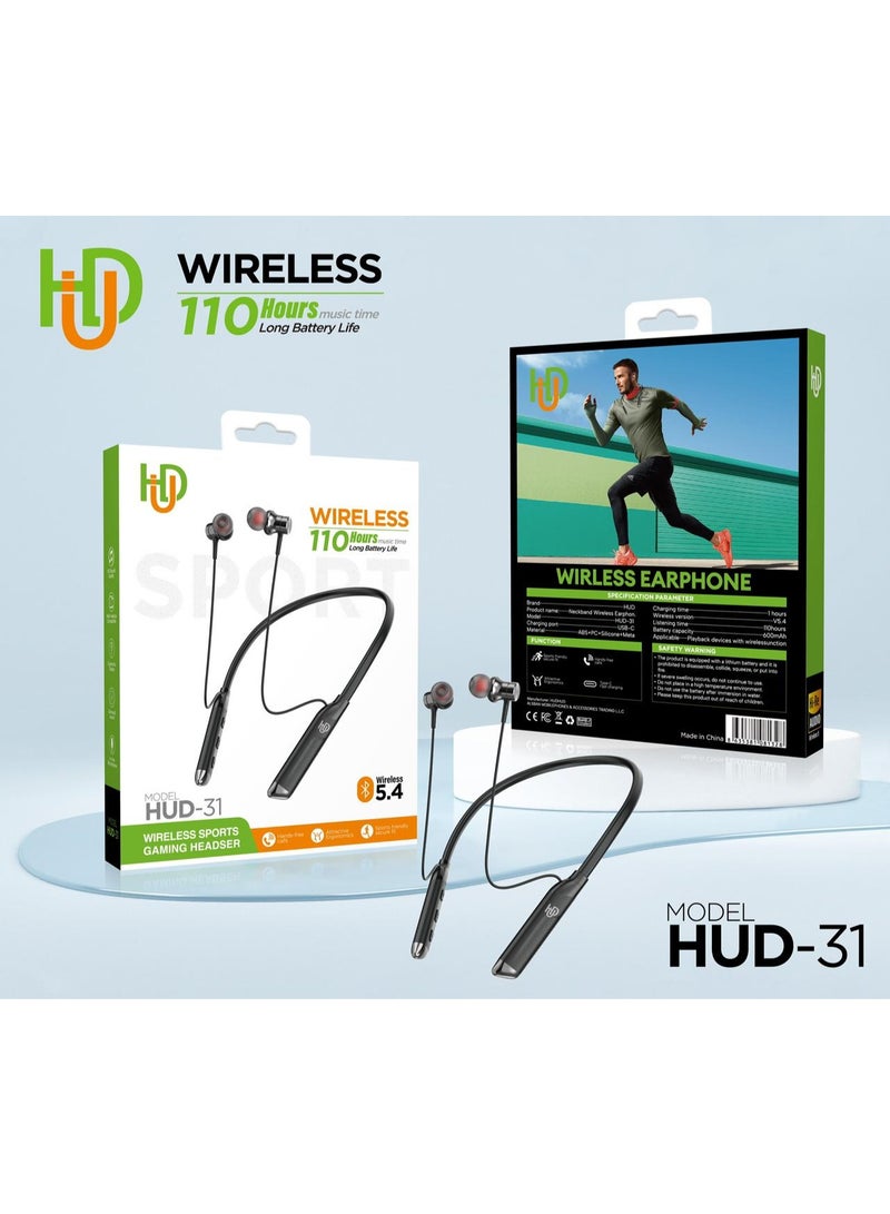 HUD-31 Wireless Neckband Earphone - 110 Hours Playtime - Sports Design - Bluetooth 5.4