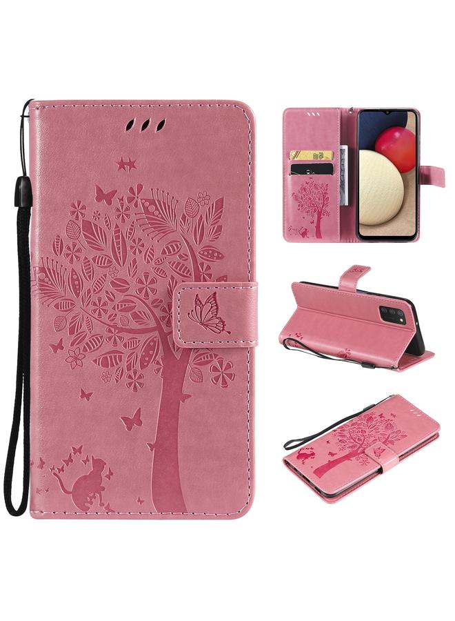 S-TOP Case For Samsung Galaxy A03s 164mm Tree & Cat Pattern Pressed Printing Horizontal Flip PU Leather Case with Holder & Card Slots & Wallet & Lanyard - Image 1