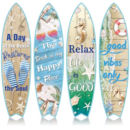 Blulu 4 Pcs Surfboard Wall Decor Surfboard Wall Hanging Sign Wooden Beach Decoration Summer Theme Decor Hawaiian Luau Party Decoration for Home Bar Aloha Tropical Birthday Party(Beach) - Image 1