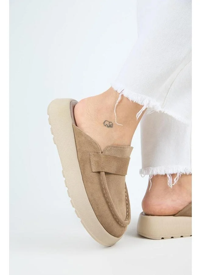 Tale Women's Genuine Leather Strap Sabot Beige Slipper.