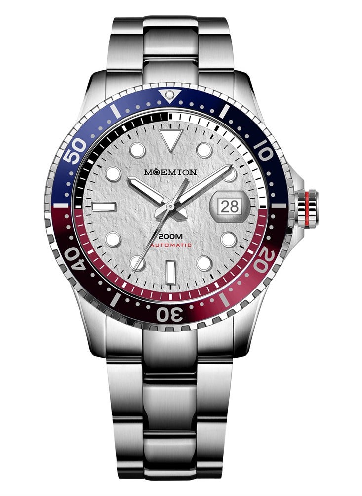 MOEMTON Meteorite Men's Mechanical Watch Grey Dial Blue Red Bezel Stainless Steel Strap See Through Back Business Casual Watch M147.BSSA01  - Image 1