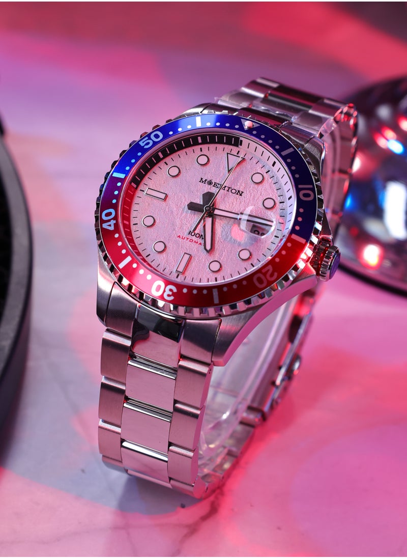 MOEMTON Meteorite Men's Mechanical Watch Grey Dial Blue Red Bezel Stainless Steel Strap See Through Back Business Casual Watch M147.BSSA01  - Image 2