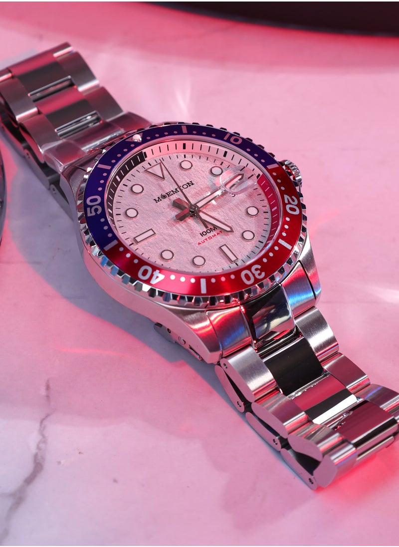 MOEMTON Meteorite Men's Mechanical Watch Grey Dial Blue Red Bezel Stainless Steel Strap See Through Back Business Casual Watch M147.BSSA01  - Image 5