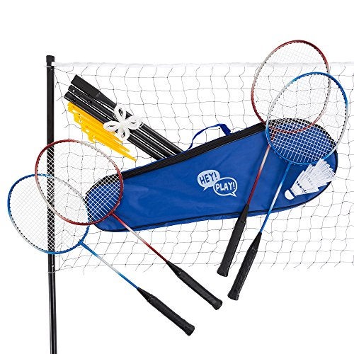 Hey Play Hey! Play! Badminton Set - Backyard Games Include 4 Badminton Rackets, 3 Birdies, Regulation-Size Net with Pole Stakes and Carry Bag - Outdoor Sports - Image 1