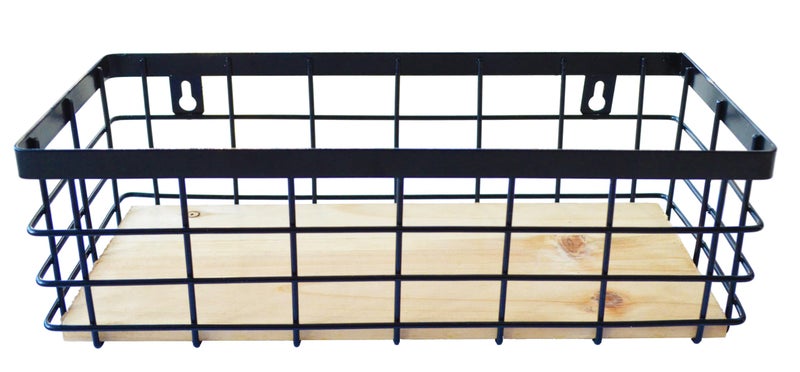 ShabbyDecor Metal Wire Basket Detachable Wood Base Storage Organizer Farmhouse Bin for Kitchen Cabinets  Bathroom  Pantry  Laundry Room  Closets 1 Pack in Black Color Size Small - Image 1