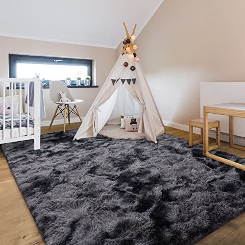 Hutha 4x6 Large Area Rugs for Living Room, Super Soft Fluffy Modern Bedroom Rug, Tie-Dyed Dark Grey Indoor Shag Fuzzy Carpets for Girls Kids Nursery Room Home Decor - Image 3