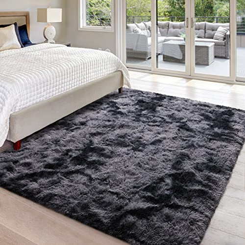 Hutha 4x6 Large Area Rugs for Living Room, Super Soft Fluffy Modern Bedroom Rug, Tie-Dyed Dark Grey Indoor Shag Fuzzy Carpets for Girls Kids Nursery Room Home Decor - Image 2