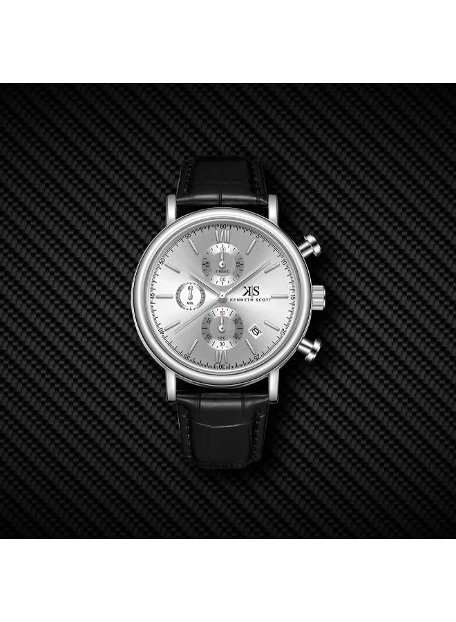 Kenneth Scott Silver Men's Genuine Leather  Chrono & Multi Function Watch K23151-SLBS - 43 mm for Men | Best Price UAE