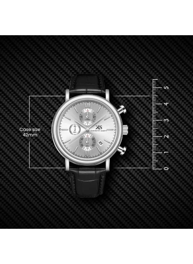 Kenneth Scott Silver Men's Genuine Leather  Chrono & Multi Function Watch K23151-SLBS - 43 mm for Men | Best Price UAE