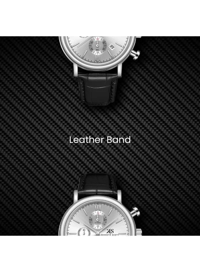 Kenneth Scott Silver Men's Genuine Leather  Chrono & Multi Function Watch K23151-SLBS - 43 mm for Men | Best Price UAE