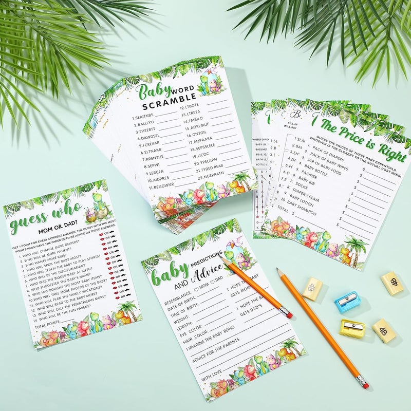 Jetec 302 Pcs Cute Dinosaur Theme Baby Shower Games, 6 Games, 50 Sheets Each, Shower, Word Scramble, Baby Word Search, Predictions and Advice, The Price is Right - Image 4