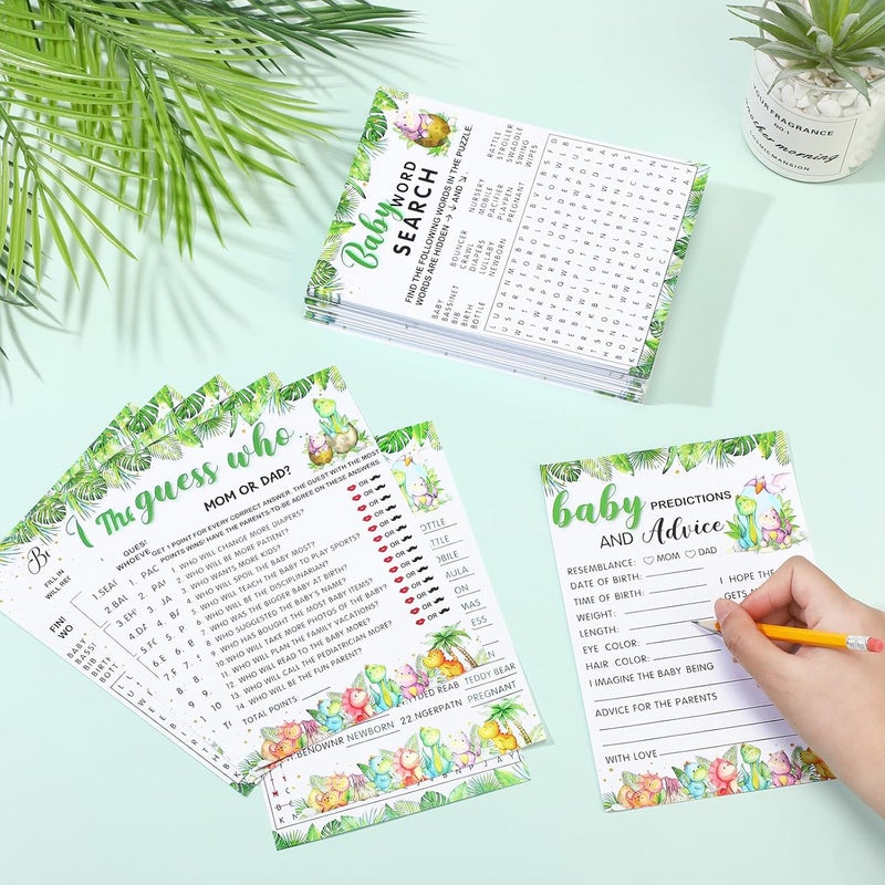 Jetec 302 Pcs Cute Dinosaur Theme Baby Shower Games, 6 Games, 50 Sheets Each, Shower, Word Scramble, Baby Word Search, Predictions and Advice, The Price is Right - Image 3