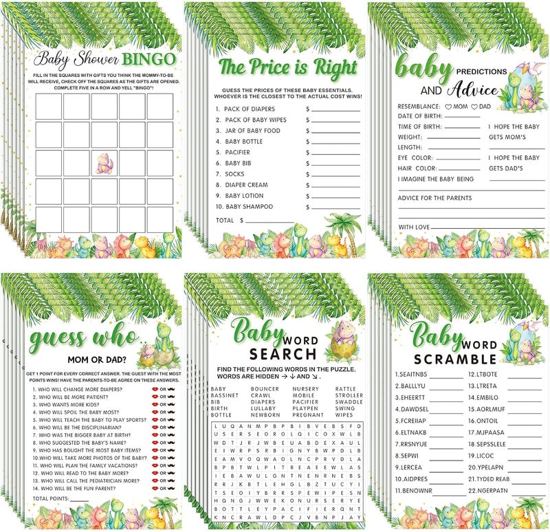 Jetec 302 Pcs Cute Dinosaur Theme Baby Shower Games, 6 Games, 50 Sheets Each, Shower, Word Scramble, Baby Word Search, Predictions and Advice, The Price is Right - Image 1