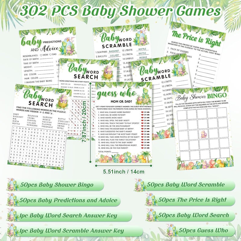 Jetec 302 Pcs Cute Dinosaur Theme Baby Shower Games, 6 Games, 50 Sheets Each, Shower, Word Scramble, Baby Word Search, Predictions and Advice, The Price is Right - Image 2