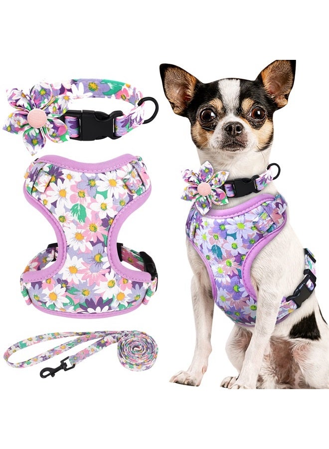 BEIRUI Cute Girl Dog Collars, Harnesses & Leashes Set - Adjustable Dog Collar and Leash Set with Flower - Soft Mesh Dog Vest Harness for Puppies Small & Extra Small Dogs Cats (Purple,XXS) - Image 1