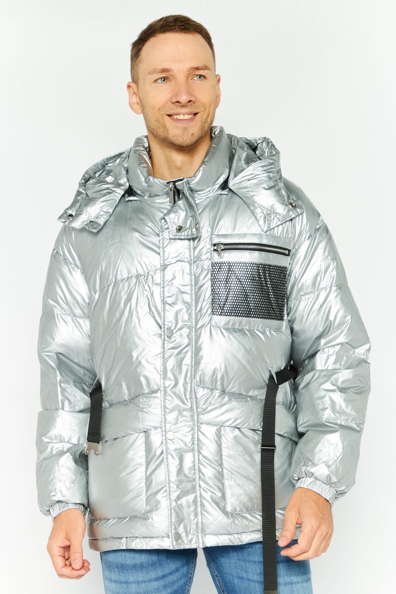 Selected Homme Men Solid Hooded Jacket, Silver - Image 1