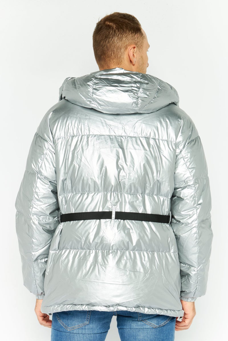 Selected Homme Men Solid Hooded Jacket, Silver - Image 4