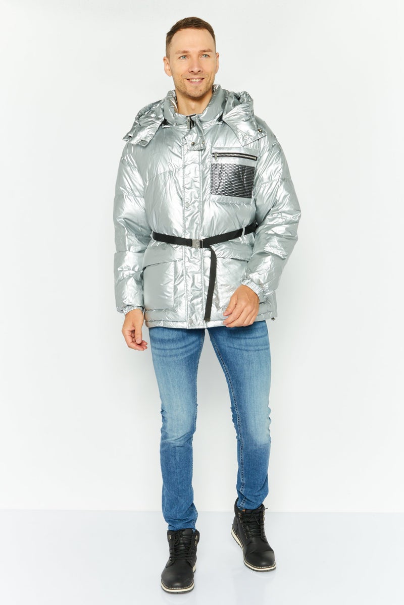 Selected Homme Men Solid Hooded Jacket, Silver - Image 2