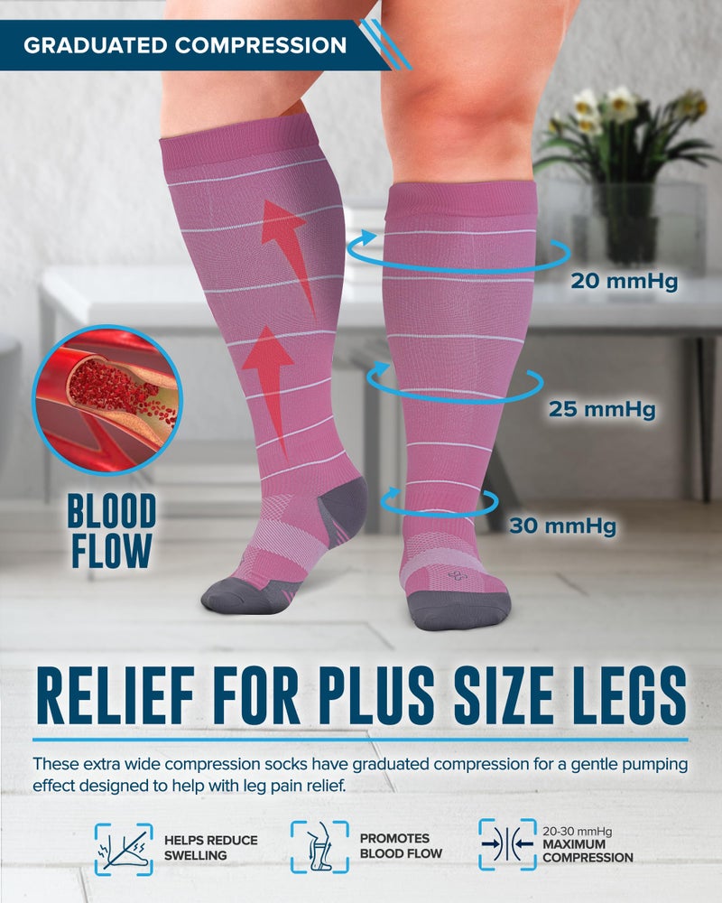 Doctor's Select 3 Pairs Plus Size Compression Socks Wide Calf - Up to 6XL | 20-30 mmHg Compression Socks for Women Wide Calf| Blue, Pink, Purple (Stripes) - Image 2