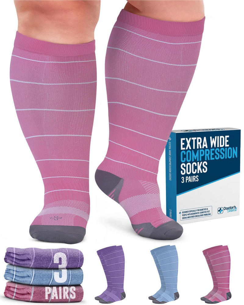 Doctor's Select 3 Pairs Plus Size Compression Socks Wide Calf - Up to 6XL | 20-30 mmHg Compression Socks for Women Wide Calf| Blue, Pink, Purple (Stripes) - Image 1