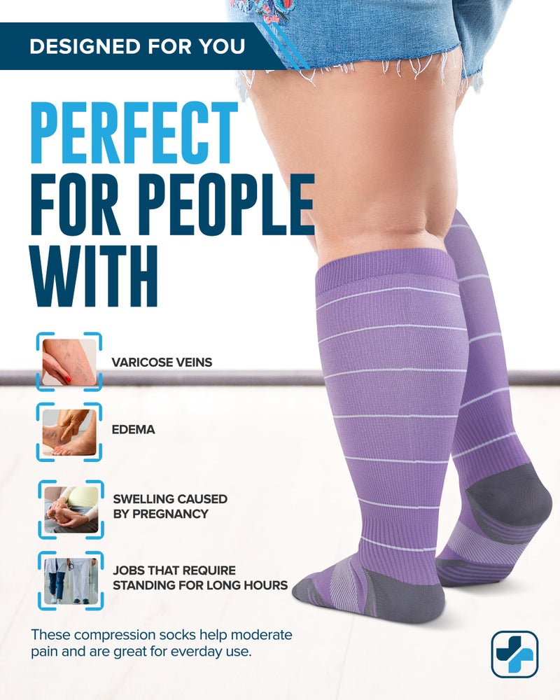 Doctor's Select 3 Pairs Plus Size Compression Socks Wide Calf - Up to 6XL | 20-30 mmHg Compression Socks for Women Wide Calf| Blue, Pink, Purple (Stripes) - Image 4