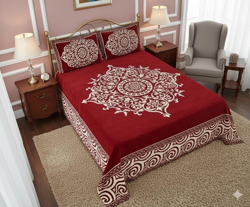 Fresh From Loom Chenille Velvet Floral 500 TC Heavy Bedsheet for Double Bed King Size - 90 x 100 inch Maroon Color with 2 Pillow Covers - Image 3
