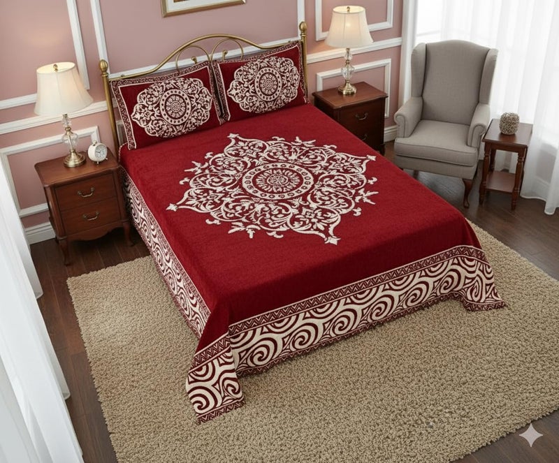 Fresh From Loom Chenille Velvet Floral 500 TC Heavy Bedsheet for Double Bed King Size - 90 x 100 inch Maroon Color with 2 Pillow Covers - Image 5