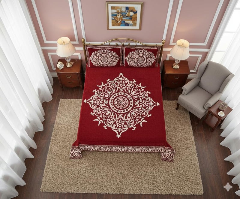 Fresh From Loom Chenille Velvet Floral 500 TC Heavy Bedsheet for Double Bed King Size - 90 x 100 inch Maroon Color with 2 Pillow Covers - Image 2
