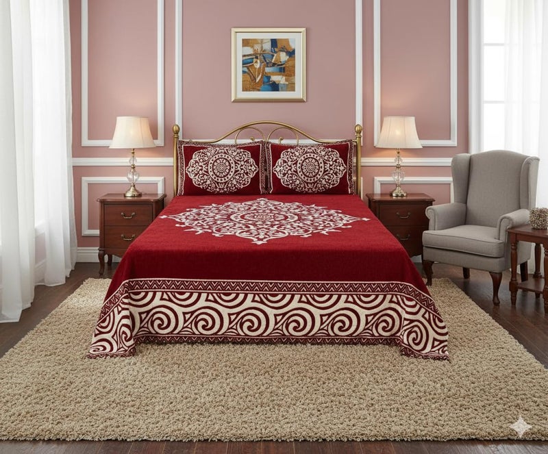 Fresh From Loom Chenille Velvet Floral 500 TC Heavy Bedsheet for Double Bed King Size - 90 x 100 inch Maroon Color with 2 Pillow Covers - Image 4