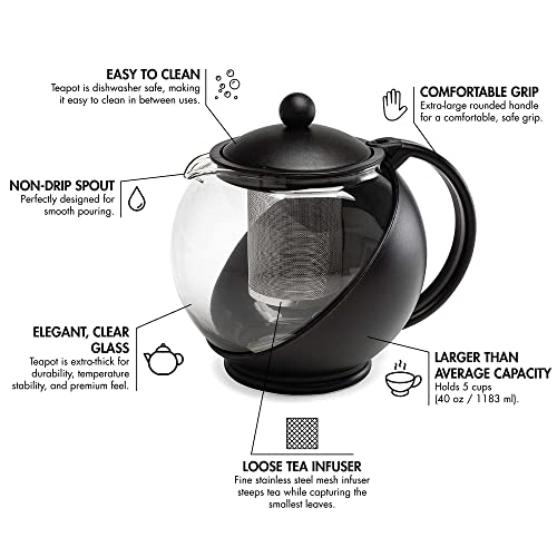 Primula Half Moon Teapot with Removable Infuser, Glass Tea Maker with Reusable Fine Mesh Stainless Steel Filter, Dishwasher Safe, 40-Ounce, Black - Image 5