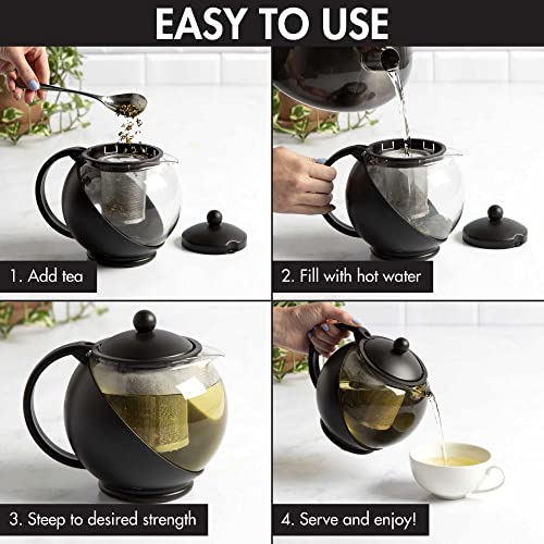 Primula Half Moon Teapot with Removable Infuser, Glass Tea Maker with Reusable Fine Mesh Stainless Steel Filter, Dishwasher Safe, 40-Ounce, Black - Image 3