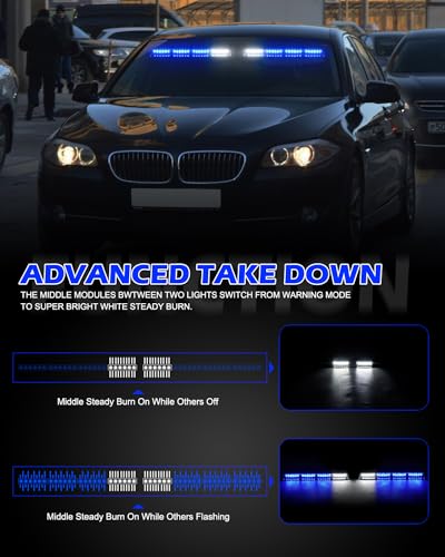 HLauto 604N Emergency Dash Strobe Lights: 2x16.8 inch Blue Security Light w/Take Down, 48 LED Safety Flashing Warning Hazard Interior Windshield Light Bar for Trucks Vehicles - Image 3