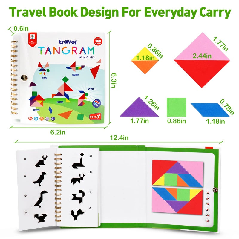 USATDD Travel Tangram Puzzle With 2 Set, Magnetic Pattern Blocks Road Trip Games Educational Jigsaw Challenge Books For Kid Adult Brain Teasers With 368 Solution Montessori Travel Toys For Kids In Car - Image 2