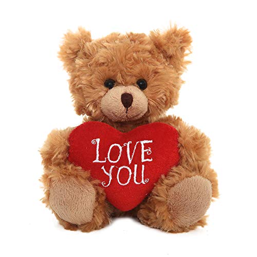 Plushland Stuffed Mocha Heart Bear Plush Bear Toy for Kids Adults Embroidered Heart Pillow Brown9 inches - Image 1
