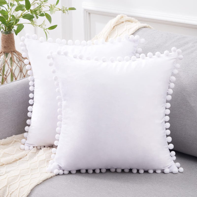 Topfinel Top Finel 26x26 Euro Pillow Shams Set of 2 Decorative Throw Pillow Covers for Bed  Soft Velvet Couch Cushion Cases with Pom-poms for Bedroom  Pure White Winter Spring Home Decor - Image 1
